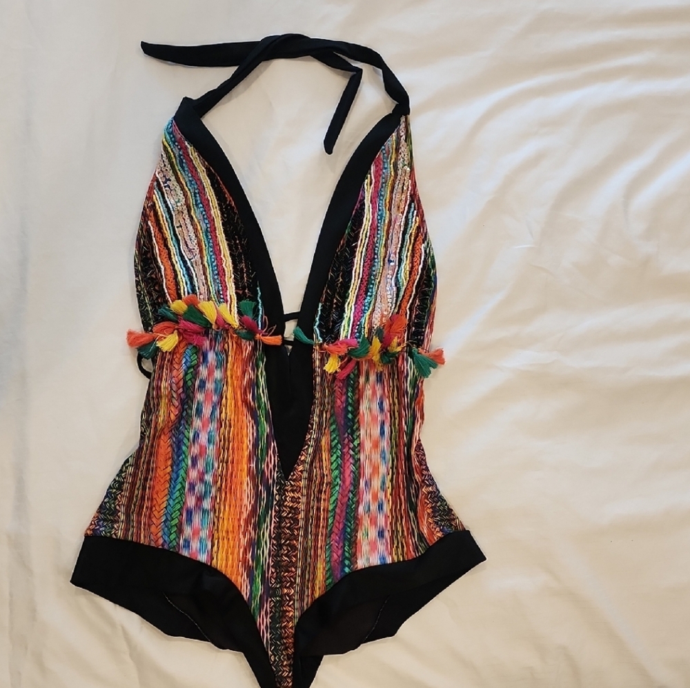 Colorful Striped Halter Swimsuit